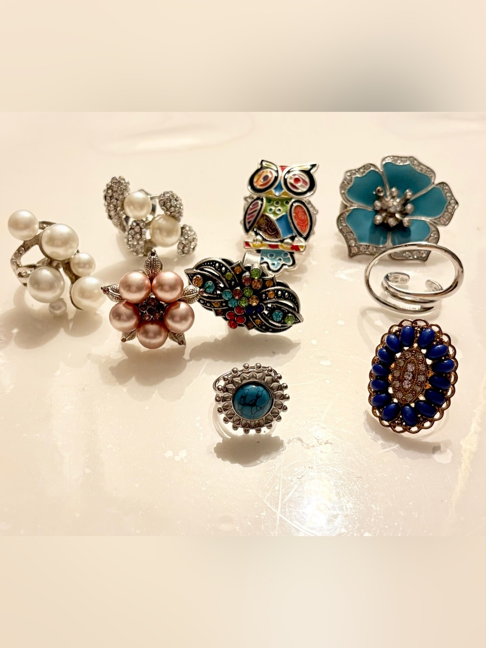Assorted Women’s Fashion Rings - Turquoise, Pink Pearl & Multicolor Designs 9pc